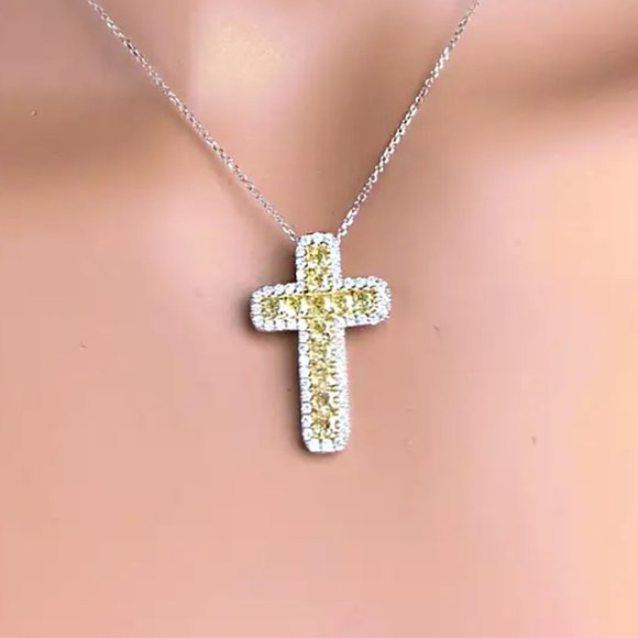 NEW Silver Citrine Diamond Halo Cross Necklace - Picture 3 of 4